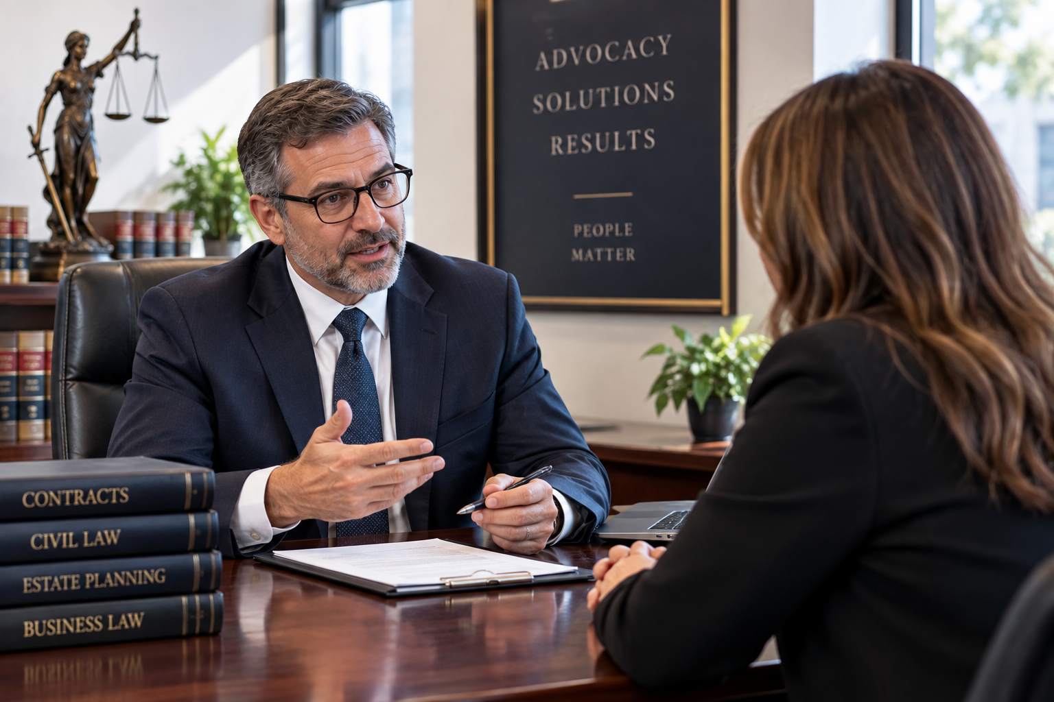 Attorney meeting with a client in a professional law office