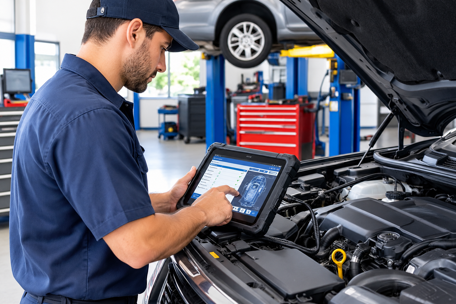 Auto technician performing vehicle diagnostics