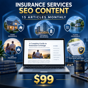 Insurance services SEO content with 15 monthly articles for $99